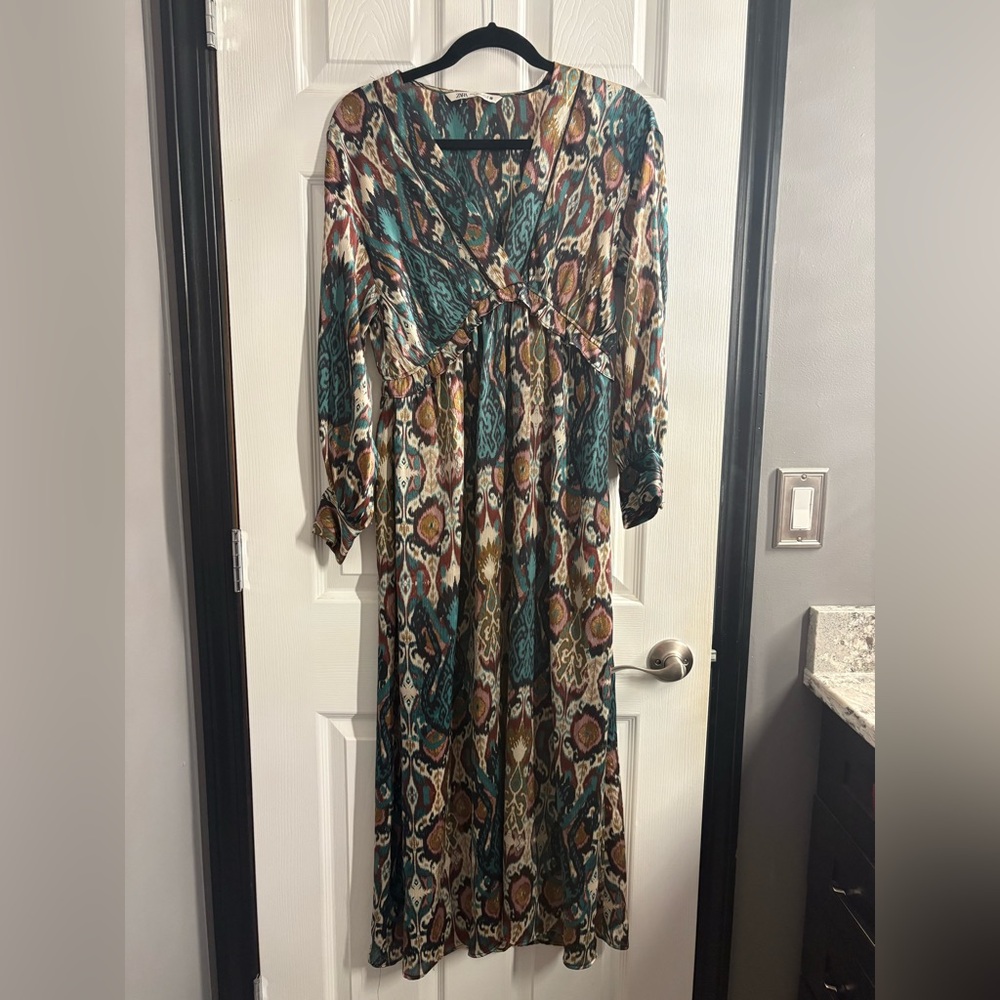Zara Teal and Brown Patterned Long Sleeve Dress